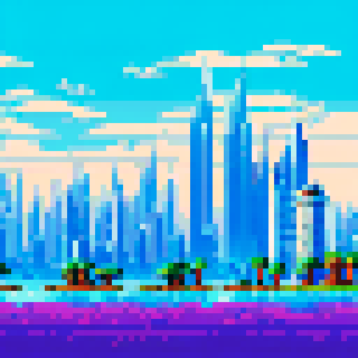 Towering skyscrapers, snow-capped mountains, a shimmering lake, and a palm tree oasis all come together in a pixel art landscape of Dubai in winter, set against a vibrant sRGB background