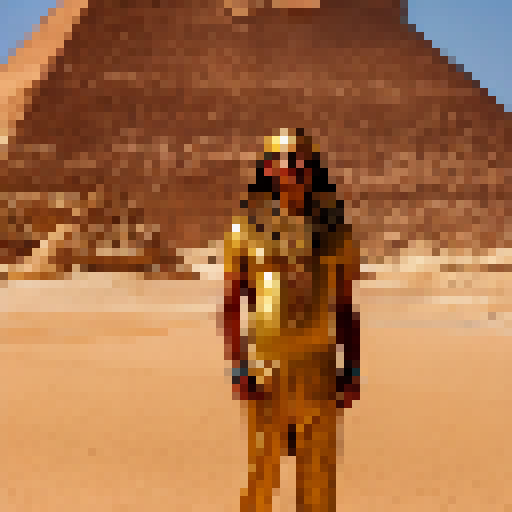 Sun-kissed Egyptian man adorned in gold jewelry, stands tall amidst the sandy dunes of the scorching Sahara desert, with the impressive pyramids of Giza as a backdrop, in a realistic oil painting style.