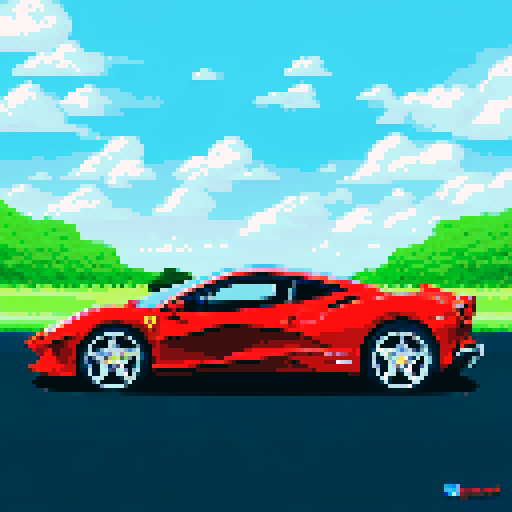 Photorealistic, centered Ferrari F8 in a three quarter view, right wheel in front, clean background, pixel art style with sRGB colors