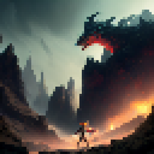 Sword-wielding hero charging towards a dragon's lair, clad in shiny armor and surrounded by swirling mist and glowing runes, with a majestic castle perched atop a nearby mountain.