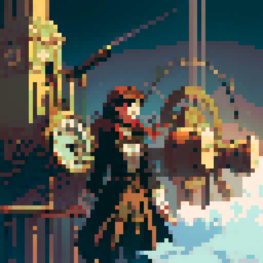 Steam Clock Tower, vintage, Victorian era, copper pipes, brass gears, steam-powered, ornate, intricate details, clock face, roman numerals, mechanical, whirling steam, wisps of fog, pixelated, vibrant colors, retro, nostalgic, 8-bit aesthetic, sRGB palette