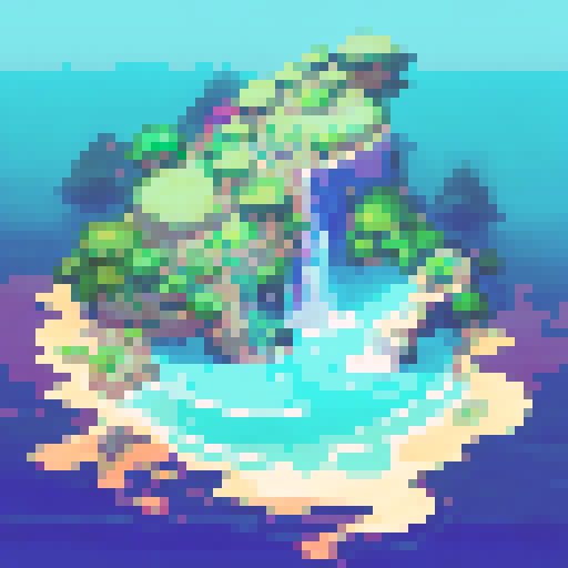 cute amazon river dolphin, vibrant colors, pixelated waves, lush green rainforest, sRGB, pixel art, tropical sunset, sparkling river, misty waterfall, mist-covered mountains, serene landscape