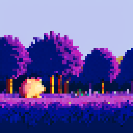 Pixelated hedgehog in the foreground, background a purple forest, clear purple sky above