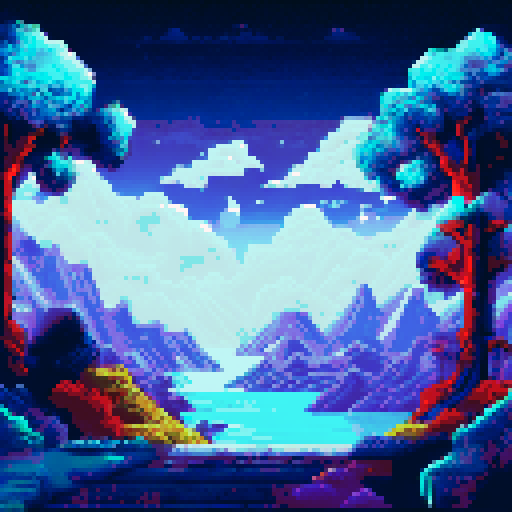 Moonlit mountains towering over a tranquil lake surrounded by a dense forest, all silhouetted against a vibrant starry sky in pixel art style with a DARK midnight sRGB color palette