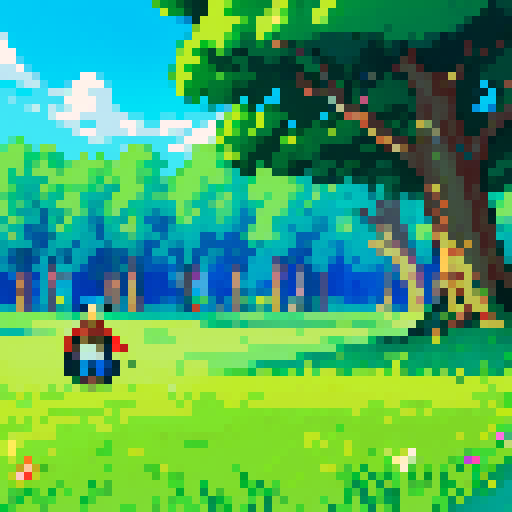 person  pressing a glowing video game button, surrounded by lush green grass and a clear blue sky, all depicted in a medival pixel art style