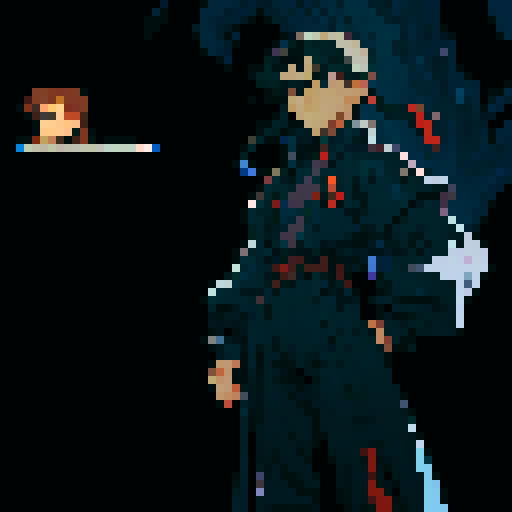 Xenogears-inspired male character, pixel art sprite, black clothing, neutral pose, neutral facial expression, sRGB palette