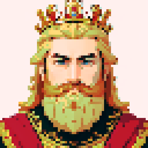 king, regal, crown, majestic, stoic expression, sharp features, royal robe, intricate embroidery, game icon, sRGB, skill art, close up, portrait, detailed beard, blonde, pixel art, sRGB