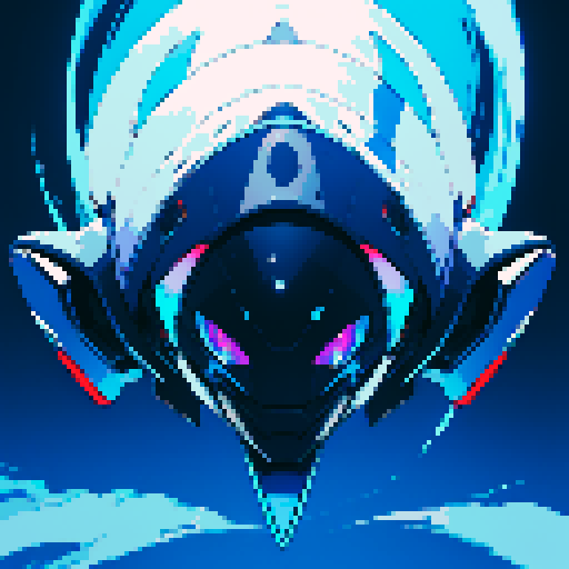 futuristic spaceship, topview, sleek and streamlined, hovering mid-air, dark blue colors, pixelated sRGB aesthetic