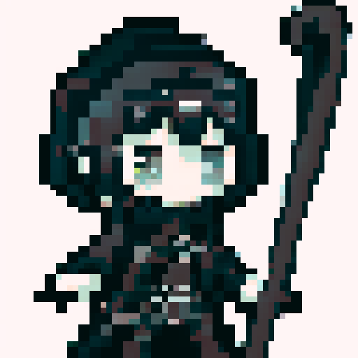 chibi, 1girl, Angel of death, pale skin, black wings, black hair, hood, cloak, stoic expression, holding scythe, cute