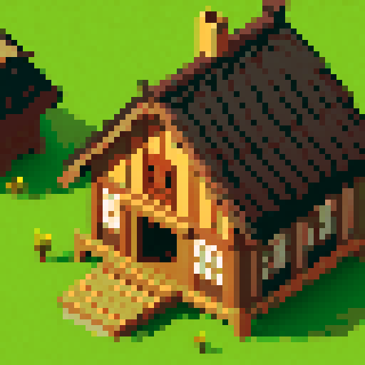 top-down, wooden village house with a thatched roof, asset