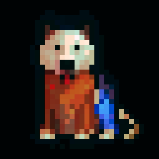 snowdog, white fur, blue eyes, wearing a golden crown, with a red scarf, pixelated art style, game icon, 32x32 pixels, sRGB, close-up portrait