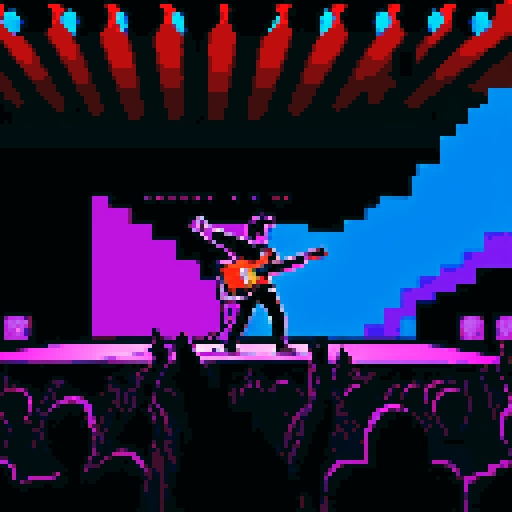 Bruce Springsteen silhouette, bold black lines, vibrant colors, pixelated style, sRGB palette, energetic stage presence, iconic guitar stance, dynamic pixel art rendition, nostalgic 8-bit graphics, electric atmosphere, captivating stage lighting, pixel-perfect details, retro video game vibes, crowd cheering, pulsating rock music, powerful lyrics