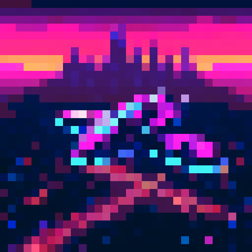 Pixelated spaceship, neon-colored laser beams, alien creatures with glowing eyes, futuristic cityscape, vibrant cosmic explosions