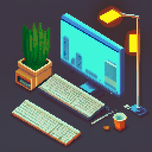 pixelated computer monitor, cluttered desk with stacks of papers, retro office chair, vintage typewriter, neon sign flickering "work hard", coffee mug with pencil sticking out, window with city skyline, fluorescent lights, filing cabinet with open drawers, sticky notes covering the walls, pixelated co-workers chatting by the water cooler, pixel art motivational posters