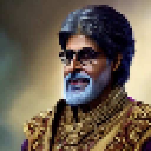 Regal Amitabh Bachchan, draped in flowing robes and sporting a long white beard, stands tall in a mythical world filled with majestic dragons and sparkling gems, embodying the essence of a powerful wizard in a Fantasy RPG.