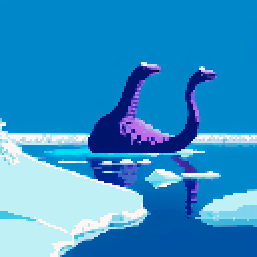 Large purple smiling loch ness monster silhouette swimming, poking its head out of frozen lake, winter, monkey on top