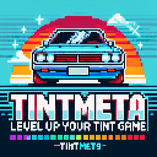 TintMeta Logo in boxy video game pixels, pixelated car driving through a vibrant 90s color palette