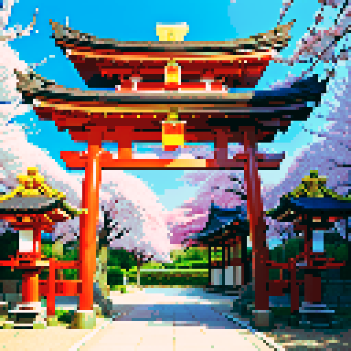shiny onyx shinto shrine, vibrant cherry blossom trees, traditional architecture with intricate details, shinto torii gate adorned with shiny onyx decorations, a pixel art shiny onyx cuboid positioned behind the gate, shiny onyx lanterns illuminating the scene in sRGB colors