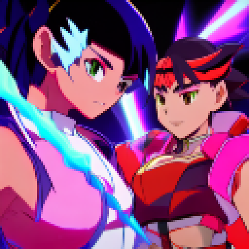 Fierce warriors Ryu and Chun-Li spar in a neon-lit alleyway, their rippling muscles and flowing hair rendered in vibrant anime style while a crowd of onlookers cheer them on.
