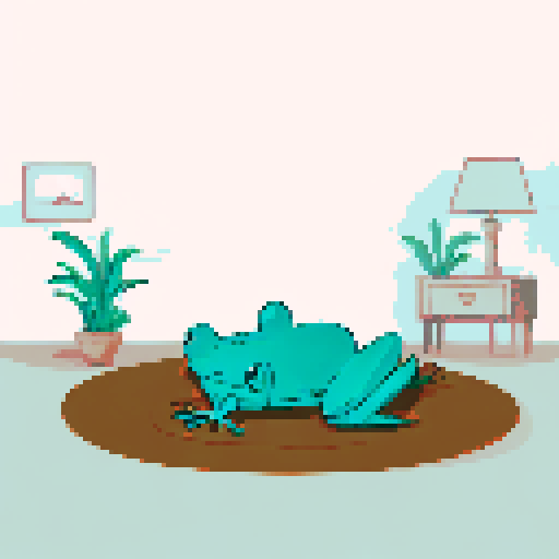 In the cozy ambiance of a dimly lit room, a small, jovial frog perches comfortably upon a plush couch chair, its diminutive size emphasized by the vastness of the furniture. The flickering flames of a nearby fireplace cast a warm glow, enveloping the space in a soft, golden light, creating an atmosphere of comfort and relaxation. With a mug clasped delicately between its tiny webbed fingers, the contented frog takes a sip of steaming coffee, its expression reflecting pure bliss.