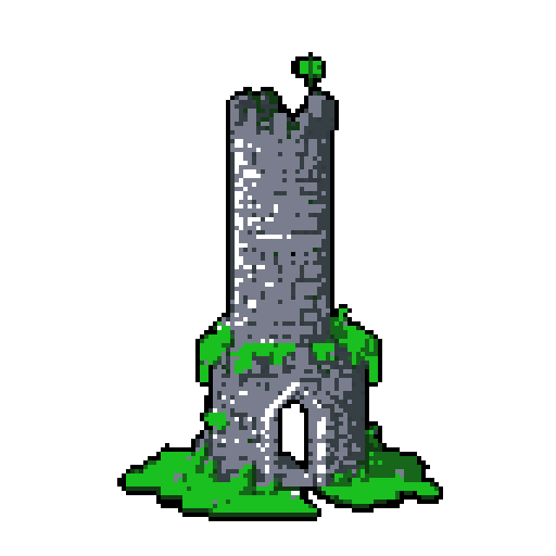2d grey stone tower in an ancient english style. Old and crumbling but still upright. Green vines crisscross it. Usable as an asset (clear, thick lines and a white background). Put a black stroke around the composition
