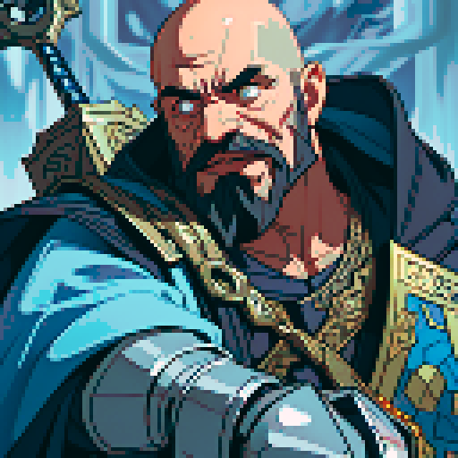 bald, bearded dwarf cleric with a golden hammer, ornate silver armor, surrounded by glowing blue runes, pixelated sRGB pixel art style
