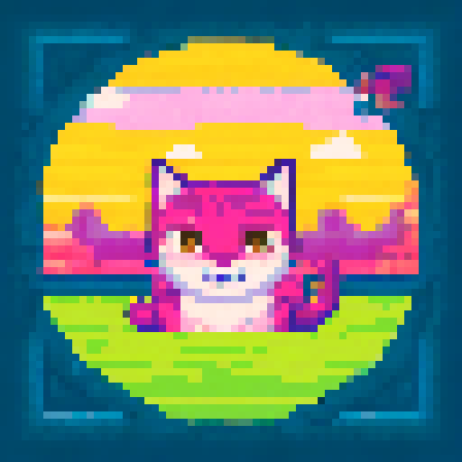 cute pixelated cat, vibrant colors, playful expression, big round eyes, animated whiskers, tiny paws, detailed fur texture, lively background, retro video game aesthetic, sRGB, pixel art