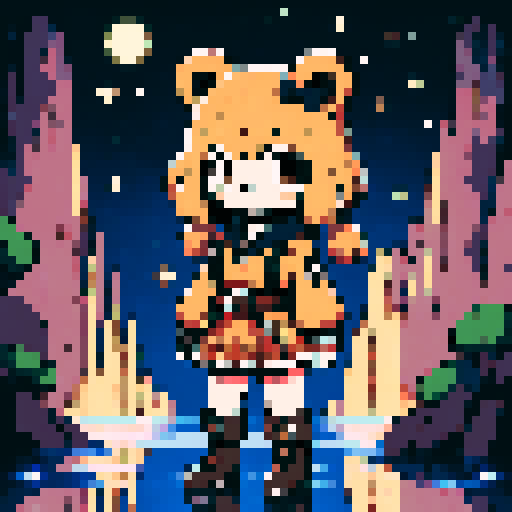 A graphic depiction of a bear in retro 1995 anime style, chibi form, with expressive black eyes and brown fur, styled with long twin pigtails. Wearing magical clothes with intricate belts and patches. Background of a wild magic night with a dark waterfall and bright stars. Created Using: classic anime aesthetics, detailed magical garments, enchanting night setting, vivid portrayal, star reflections, dynamic composition, hd quality --ar 2:3 --v 6.0