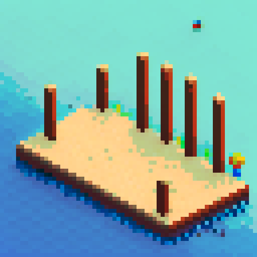 raft spritesheet, pixel art, top-down view, water rippling in the background, wooden planks forming the floor