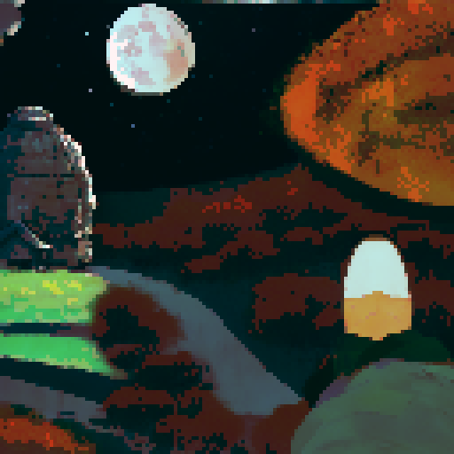 the main protagonist, gurney as seen in the bottom right is on a hill looking over a desolate area with sparse plant life up in flame. We see the back of his head, with his square jaw and a cigarette in his mouth. in the distance is a large laboratory, which has smoke coming out of it and a hole in the top. The sky is full of starts, a moon and a distant alien planet. Gurney must be present with his distinct head seen in the reference image, his green top dark brown pants
