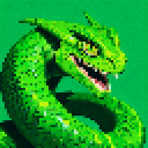 Basilisk with vibrant green scales, sharp serpentine eyes, and pixelated details in the color scheme of coinbase