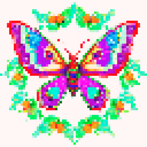Ethereal, vibrant, pixelated, and intricately detailed cross stitch pattern of a magical moth, showcasing its graceful wings with a burst of vivid colors on an sRGB canvas