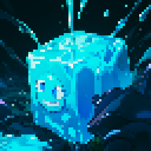 blue slime, blue cube, gelatinous cube, hero knocked away, hero being thrown away from slime, slime expanding, slime suddenly getting bigger