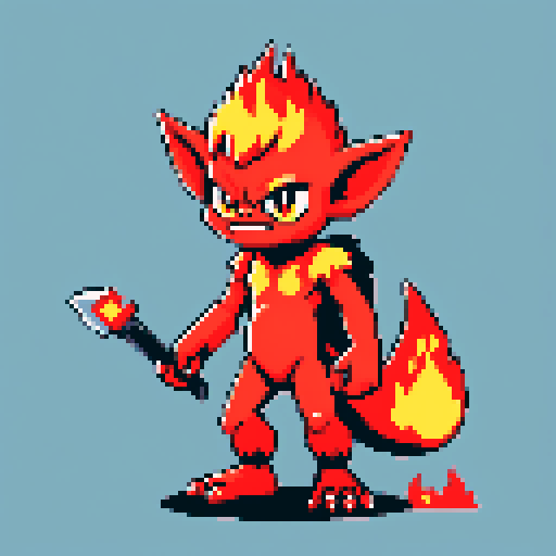 A fire imp. furry and gremlin-like. on a grey background