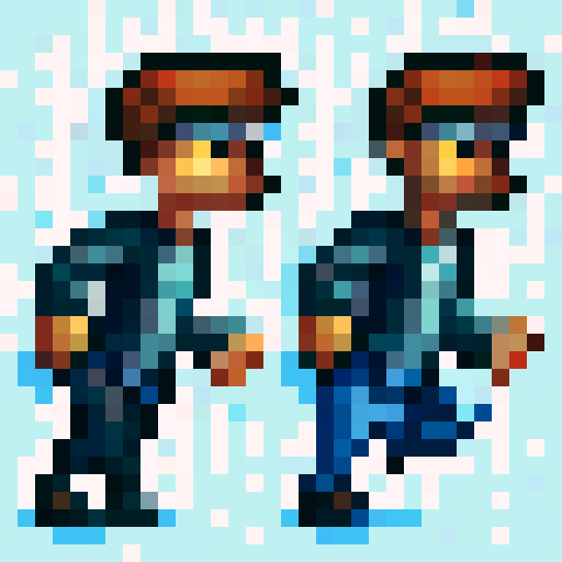 Platformer character, black hoodie and blue jeans, plain white background, determined expression, detailed shading and lighting, skillful game icon, 32x32 pixel art, sRGB