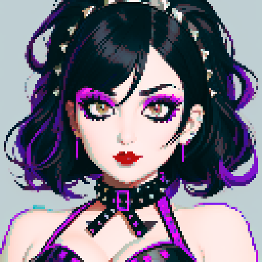 curvy, cute busty goth girl's face, whole head portrait, black hair, purple eyeshadow, red lipstick, low cut black studded leather halter top, studded collar, vibrant sRGB colors, edgy aesthetic. 