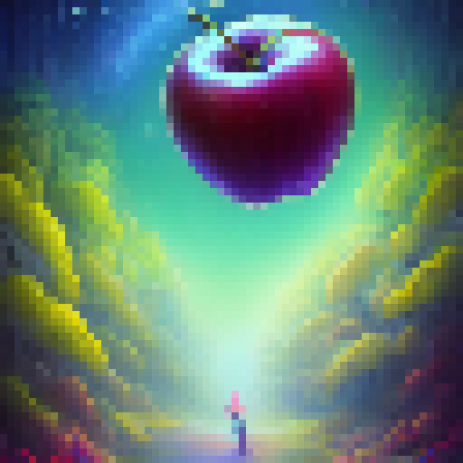 A mystical apple, shimmering with iridescent colors, produces a burst of sparkling magic as it grows in a whimsical forest full of glowing mushrooms and fireflies.