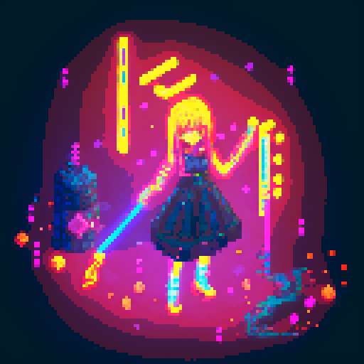 Mage anime girl, flowing hair, fluorescent tattoos, glowing staff, purple neon-lit night market, pixel art