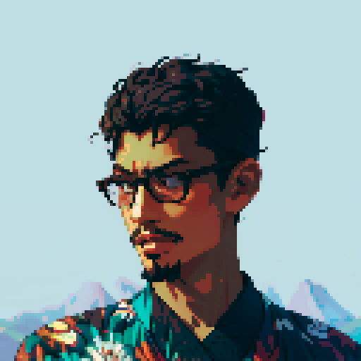 Southeast Asian man, short curly hair, round glasses, tanned, goatee, diamond shaped face, Wearing a robe