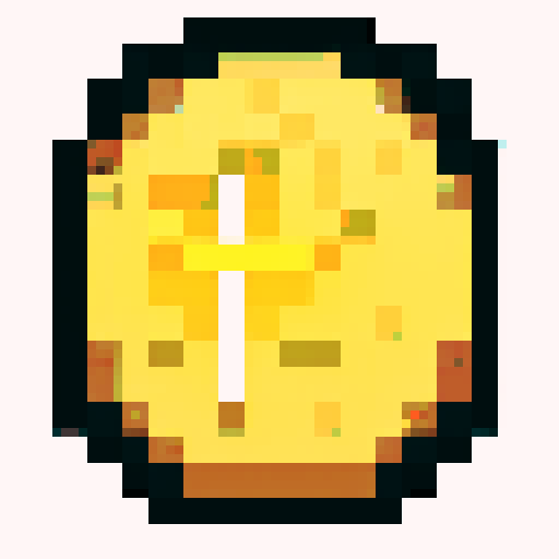 Imagine a digital, pixelated coin, shimmering with a bright golden hue. This coin has a classic round shape, resembling a traditional coin, but its surface is made up of tiny, square pixels, giving it a distinctly digital and retro video game look. The pixels catch light at various angles, making the coin glint and sparkle. On its surface, there is a simple, pixelated design – perhaps a symbol or a character – that is iconic and easy to recognize, yet rendered in a minimalist, blocky style typic