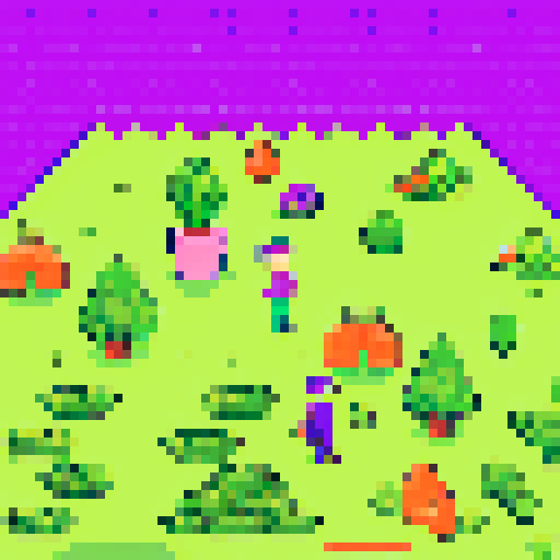 Odd world, lime green grass, purple ocean, pink sky, gigantic carrots, boy in blue pajamas