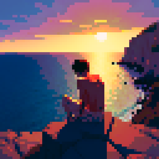 Bloodied man with gauze wrapped all around his body looking slightly down into his hand with his heart in it sitting on the cliffside looking towards the ocean with the sun setting in the distance