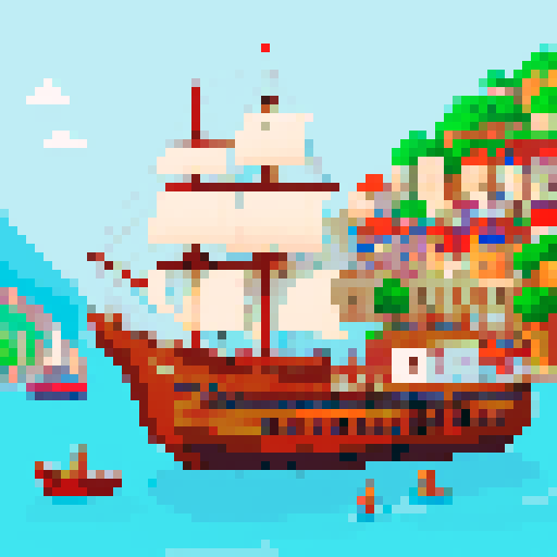 workers, bustling, loading, sailing ship, busy harbour, 16th century, pixel art, sRGB