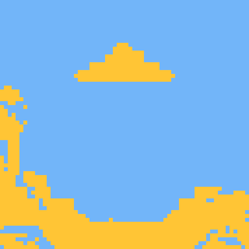 Create a 256×256 pixel art background of an expansive, high‑ceiling library in a fantasy×futuristic style. Use sky‑blue and bright orange as the two main accent colors, balanced against softer purples and warm golds. Include:

• Rows of towering bookshelves made of gleaming metal and arcane wood, glowing softly with embedded neon runes  
• Scattered magical artifacts: floating crystals, open tomes with swirling glyphs, levitating quills  
• Two cute, semi‑transparent floating brains wearing tiny