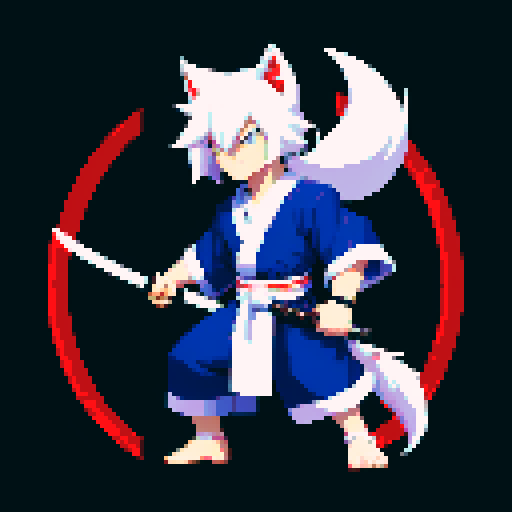 beast man with wolf ears and tail, white hair, brilliant dark blue yukata, pixel art, sRGB, 2D game stance, tall and slim, katana