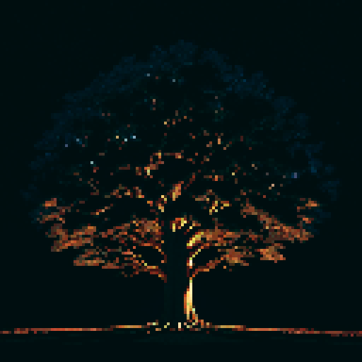 gigantic towering oak tree viewed from afar, nighttime setting, vast black sky with white stars, nostalgic feel, sega genesis style
