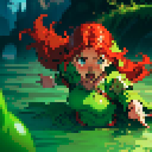 hero sinking into slime, hero drowning in slime, hero has red hair, hero has silver armor, reaching up, panic, sinking deep into slime