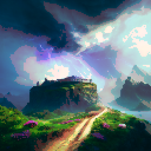 make a world map simular to super mario with a mountin in the left connor and a island that is sorrunded by water in the middle with a castle at the right connor of the island with black chess peices sarounding the island and on top of it with a bridges to smaller islands and rocks in the water with the mountin having a trail going to the top of it and there being lightning and storm clouds around it with paths to go like super mario
