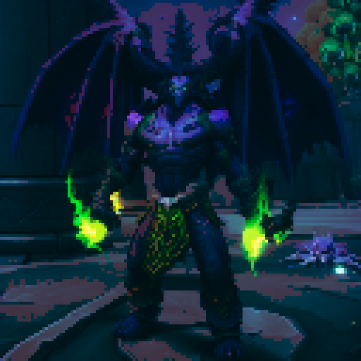 Demon hunter pixel art character, purple background, facing forward, full body, green warglaives in each hand, horns on head, purple skin, demonic glyphs on skin, world of warcraft inspired, game asset