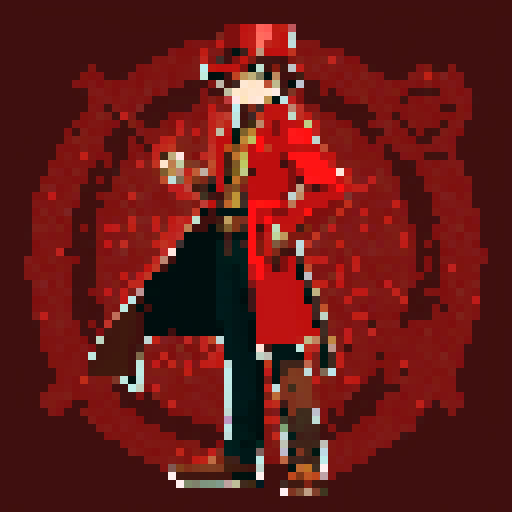 steampunk young man, red coat, red hat, 2D game stance, pixel art, sRGB, full body